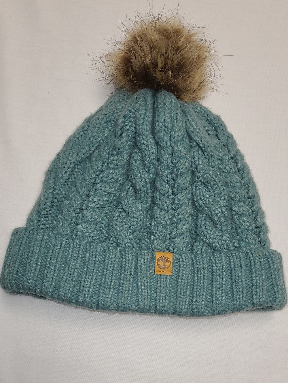 Timberland Teal Cable-Knit cuff Beanie with Faux Fur Pom fleece lined Hat